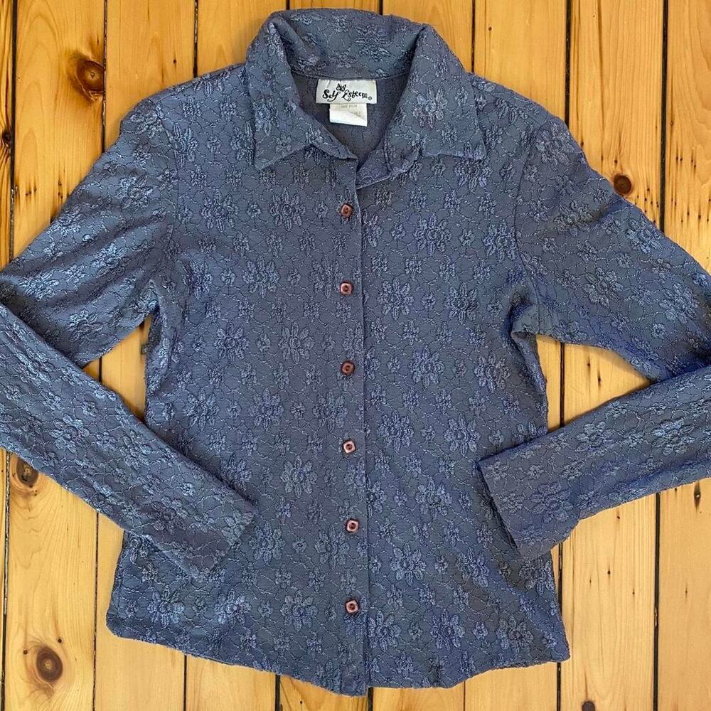 Vintage Y2K Self Esteem Blue Floral Lace Button-up Shirt Small